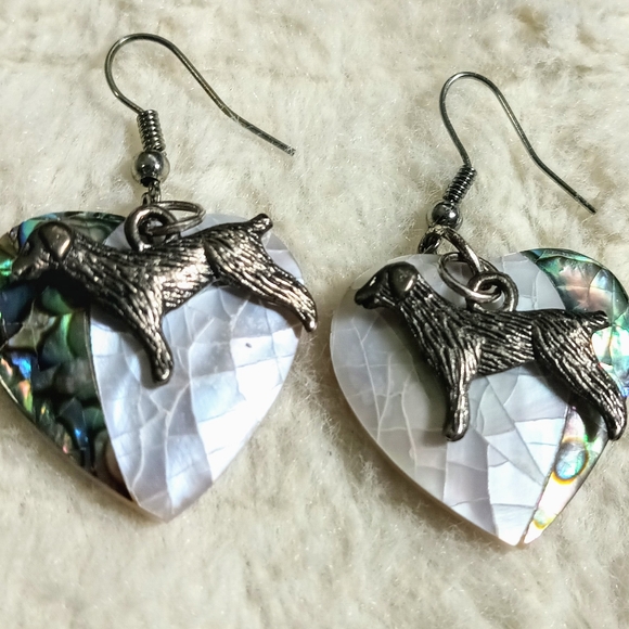 Natural Handcrafted Mother of Pearl Abalone Heart and Dog Charm Earrings - Picture 9 of 10